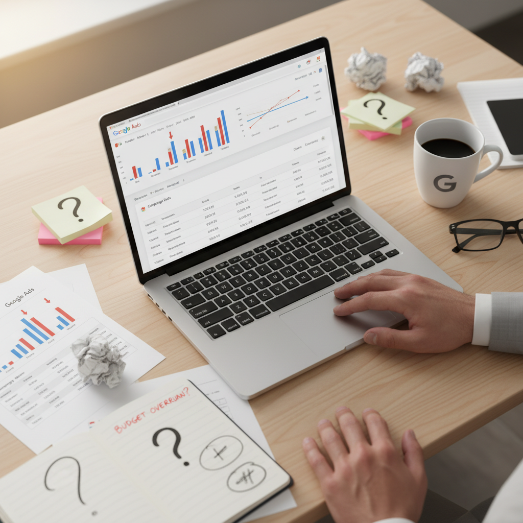 Marketer reviewing Google Ads dashboard on a laptop